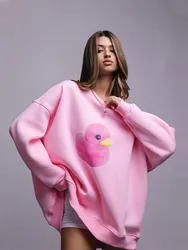 Chic Warm Yellow Duck Printed felpa da donna allentata girocollo oversize confortevole Trendy 2024 autunno inverno felpe Casual