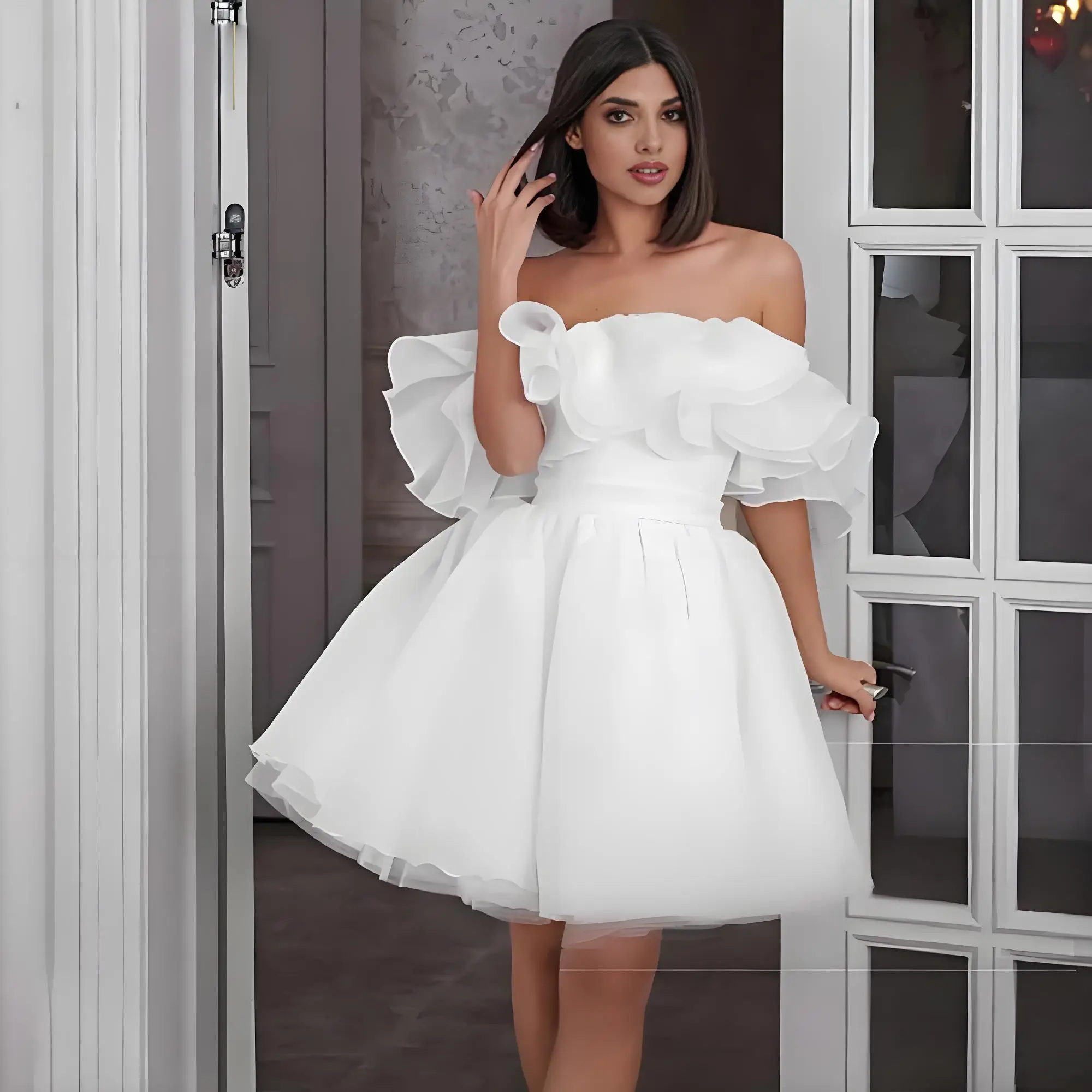 

Beshinel Customized White Off The Shoulder Ruffles Prom Dress 2025 Simple A Line Mini Short Wedding Dresses Vestidos De Novia