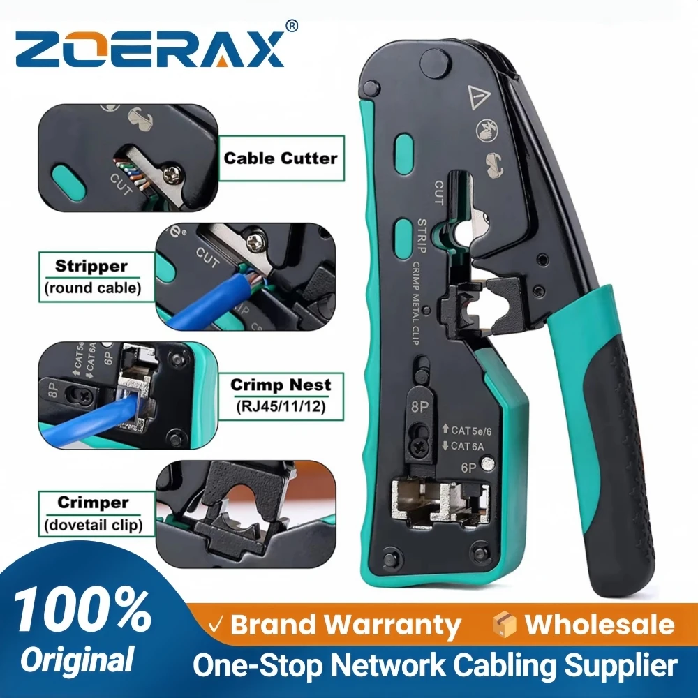ZoeRax RJ45 Crimpzange für Cat5e, Cat6, Cat6a, Cat7, RJ11/RJ12 Standard und RJ45 Durchgangsstecker