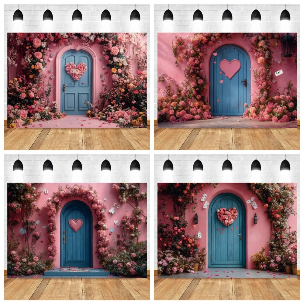 

Valentine's Day Love Retro Flower Wall Door Photography Background, February 14th Couple Portrait Wedding Photography Background