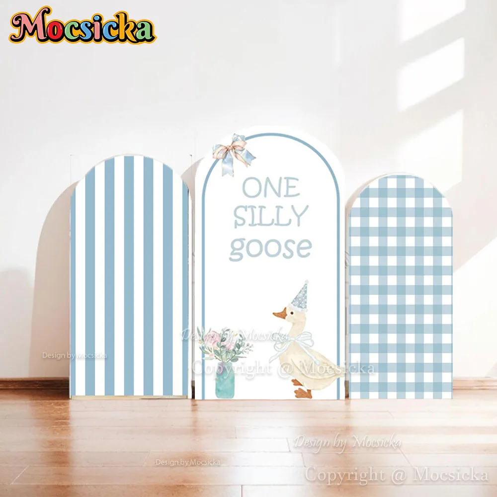 Mocsicka One Silly Goose Baby Show Arch Backdrop Photography Blue and White Checkered Bow Background Kids Birthday Party Photo