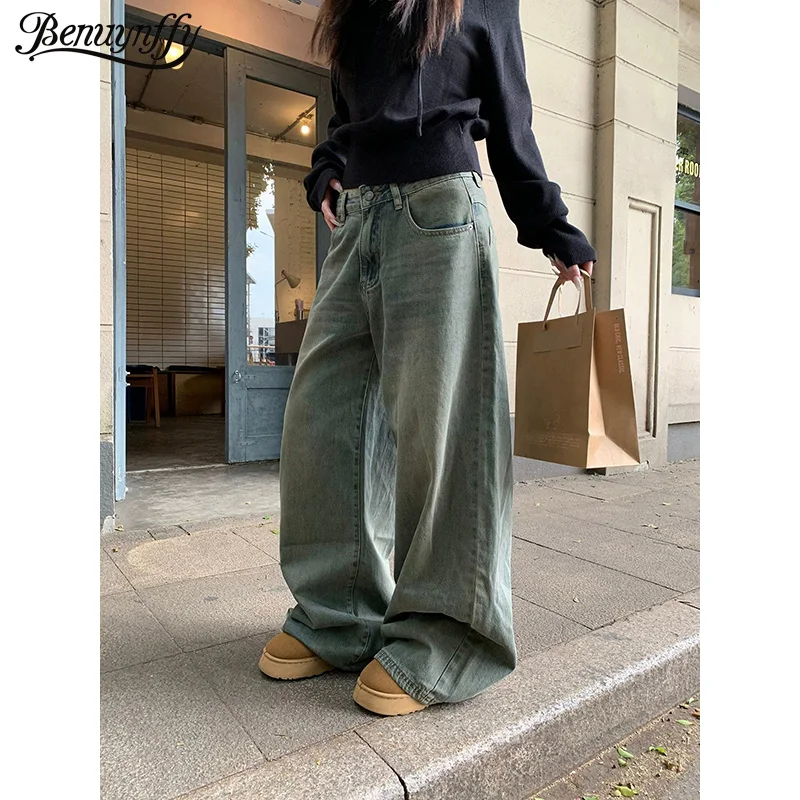 

Benuynffy Vintage Street Wide-leg Jeans for Women 2025 Autumn Winter New Distressed Washed Casual Baggy Denim Long Trousers