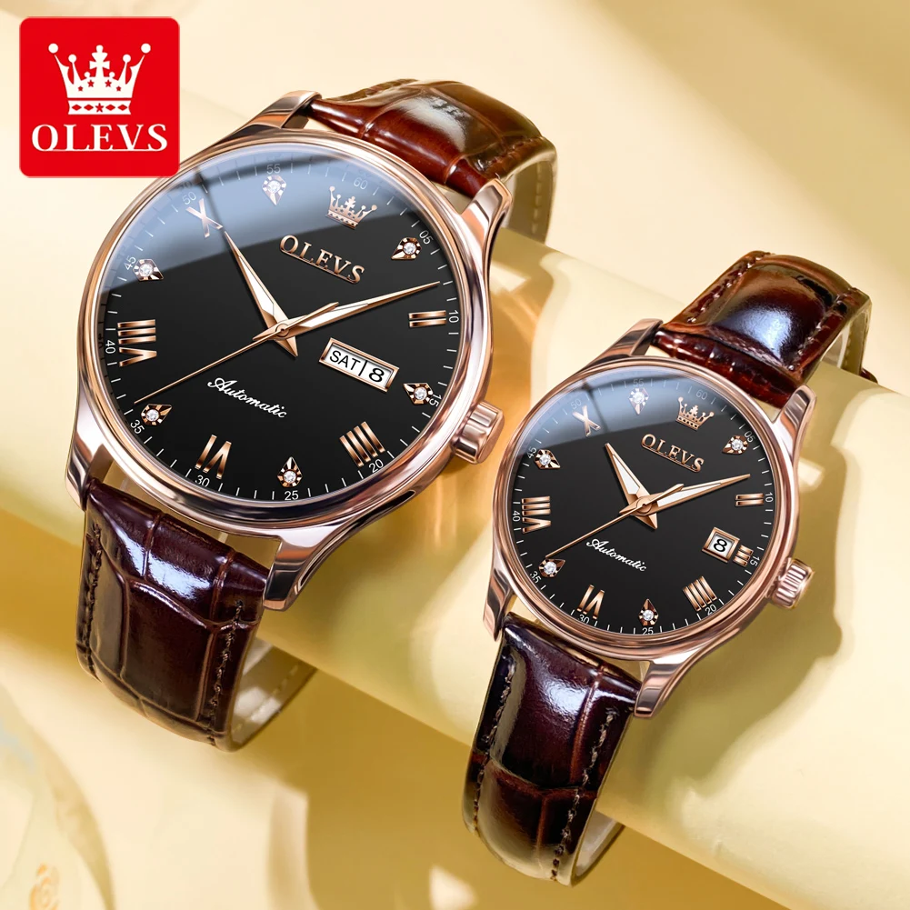 OLEVS Couple Automatic Mechanical Watch Sets For Men And Women Top Brand Luxury Waterproof Leather Week Date Watches For Lovers