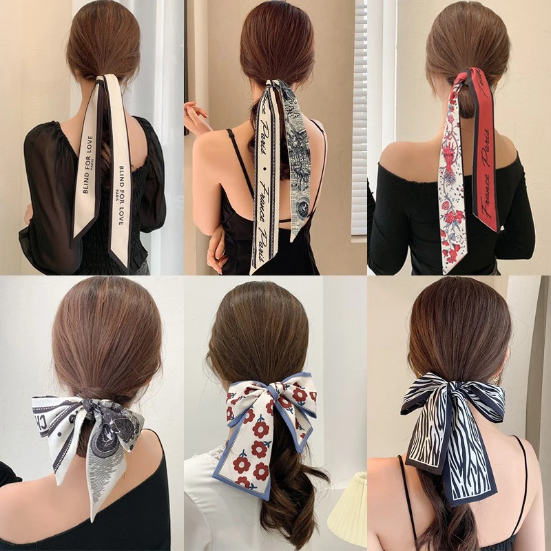 New Fashion Silk Scarf Hair Band Long Ribbon Bow Korean Printing Letter Hair Scarf Women Ponytail Holder Hair Accessories