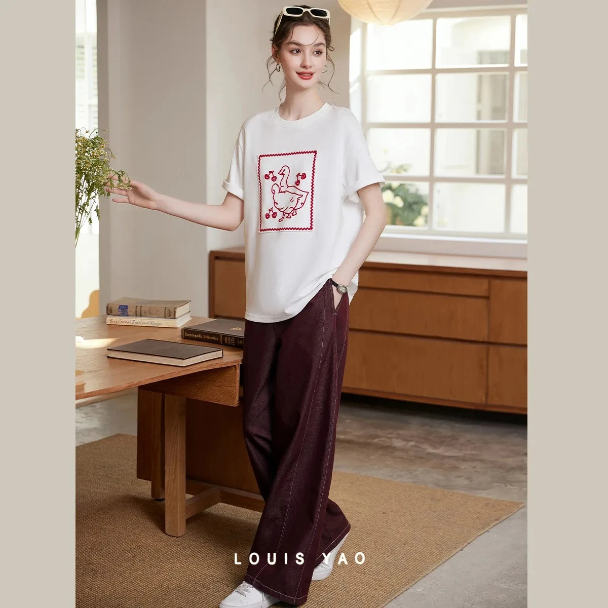 

LOUIS YAO Color Block Embroidery Women T-Shirt 2026 Summer Top Youthful Fashion Loose Comfy Drop Shoulder Short Sleeve Shirt