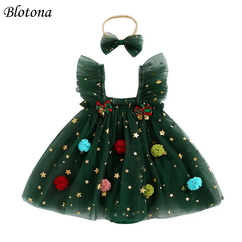 

Blotona Baby Girl Christmas Romper Dress Square Neck Ruffles Fly Sleeve Mesh Skirt Hem Jumpsuit with Bobbles Bells Decor