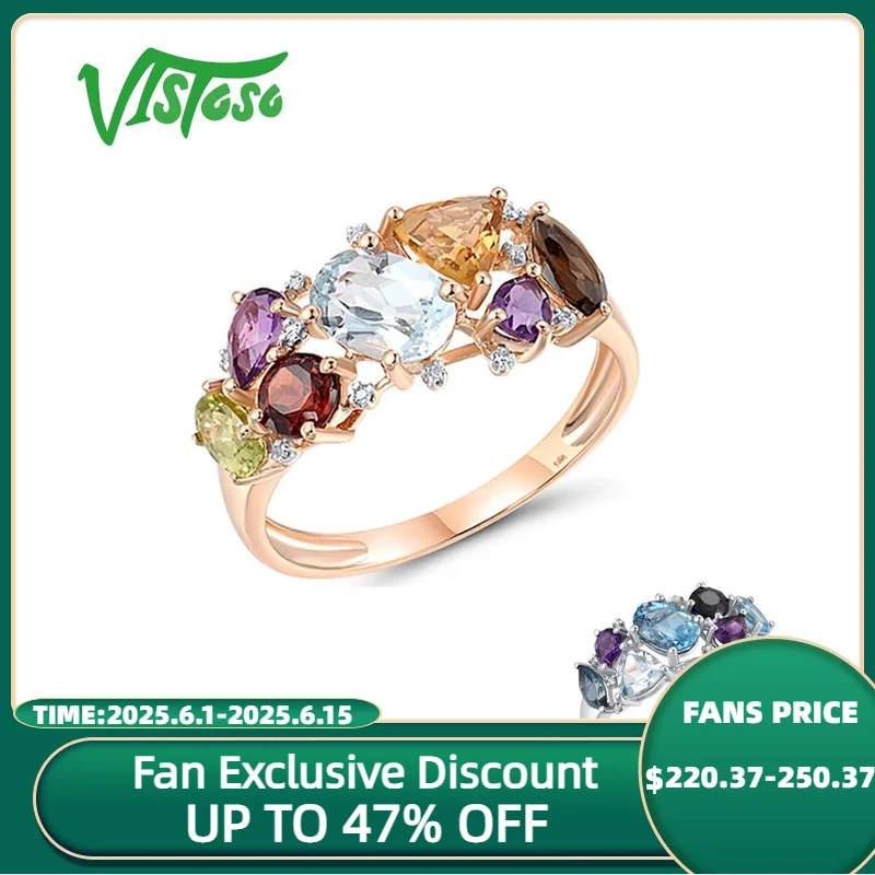 

VISTOSO Pure 14K 585 White / Rose Gold Ring For Women Diamond Multi-Color Cluster Gems Stone Party Gift Fine Fashion Jewelry