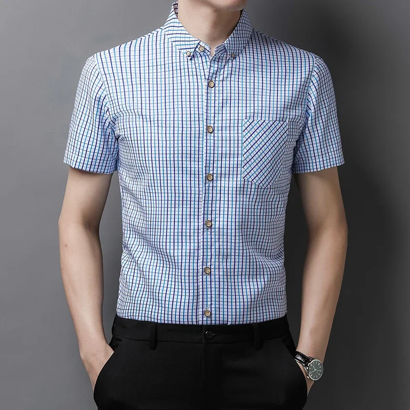 New Men\'s Casual Striped Short Sleeved Lapel Shirt for Summer Fashion Comfort No Ironing Wrinkle Resistant Top