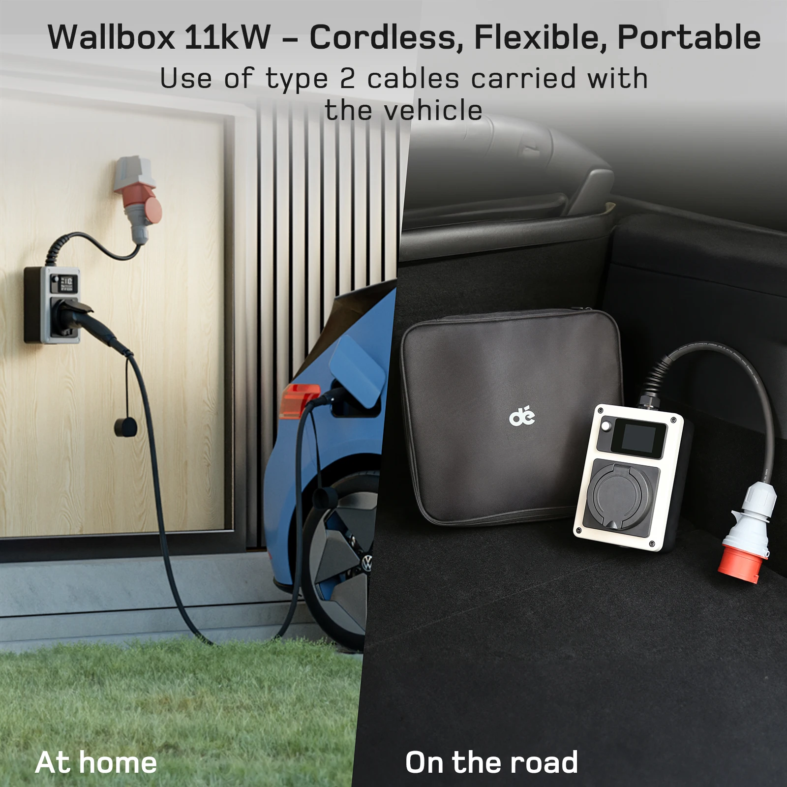 dé EV Charger Mobile Wallbox 11kW CEE to Type 2 Socket Vehicle Charging 16A 3 Phase 22kW 32A RFID Control with Electricity Meter