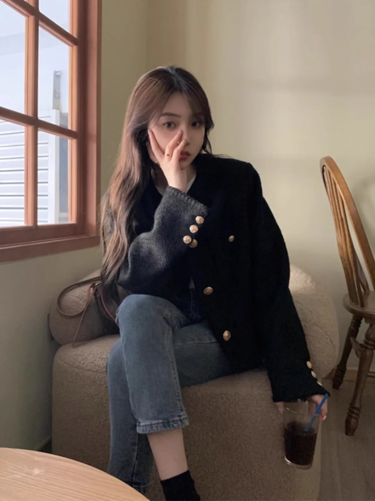 

Bla ort Quilted Jaet Women's Autumn Winter New Sle Ele Lady Small Size Faionable Top Button round Ne Long Sve