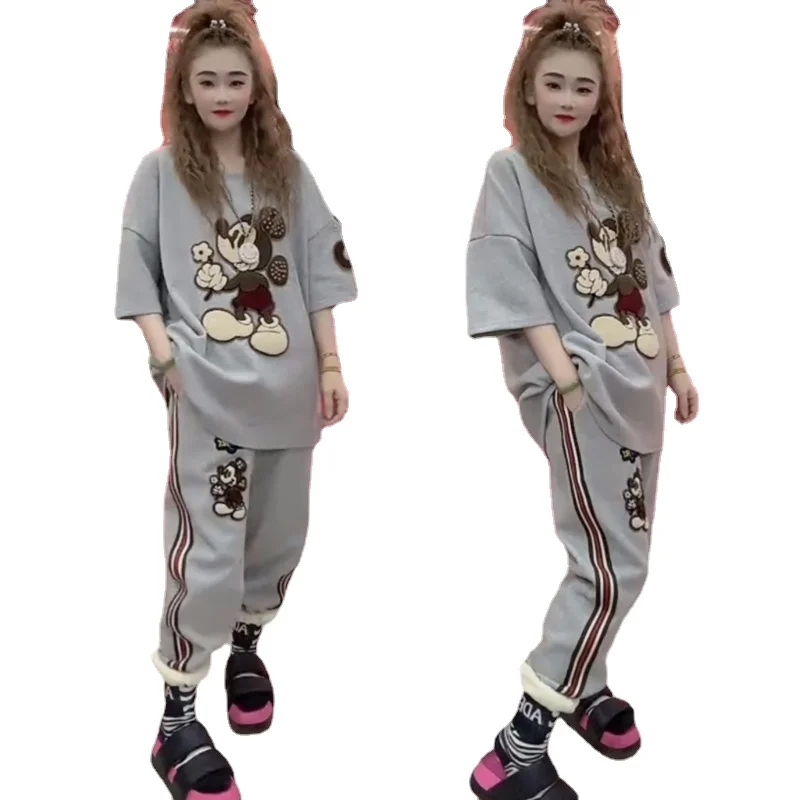 Winter Padded Short Sleeve T-shirt Women Cartoon Embroidered Mid-Length Top Fleece Padded Pants Two-Piece Sets Female