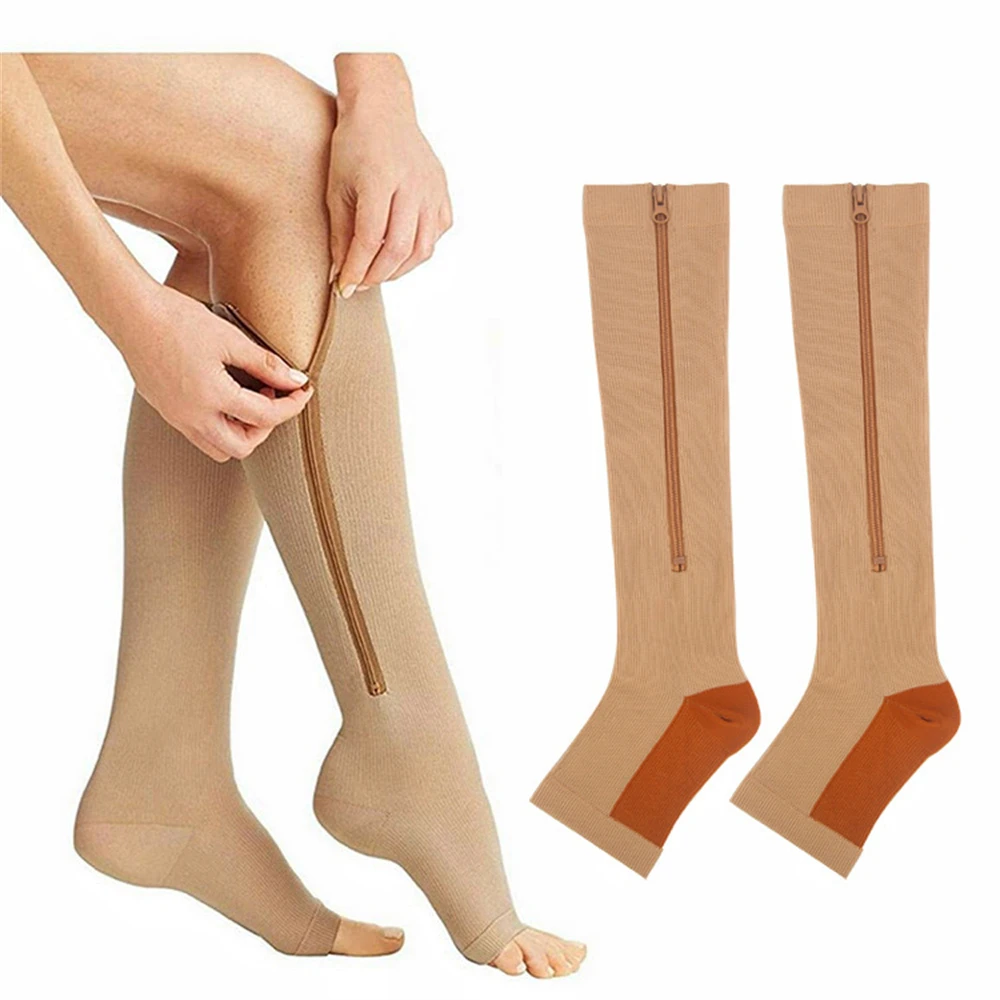 Zipper Compression Anti Varicose Veins Open Toe Stockings For Women Slim Sleeping Beauty Leg Sports Pressure Socks 20-30 Mmhg