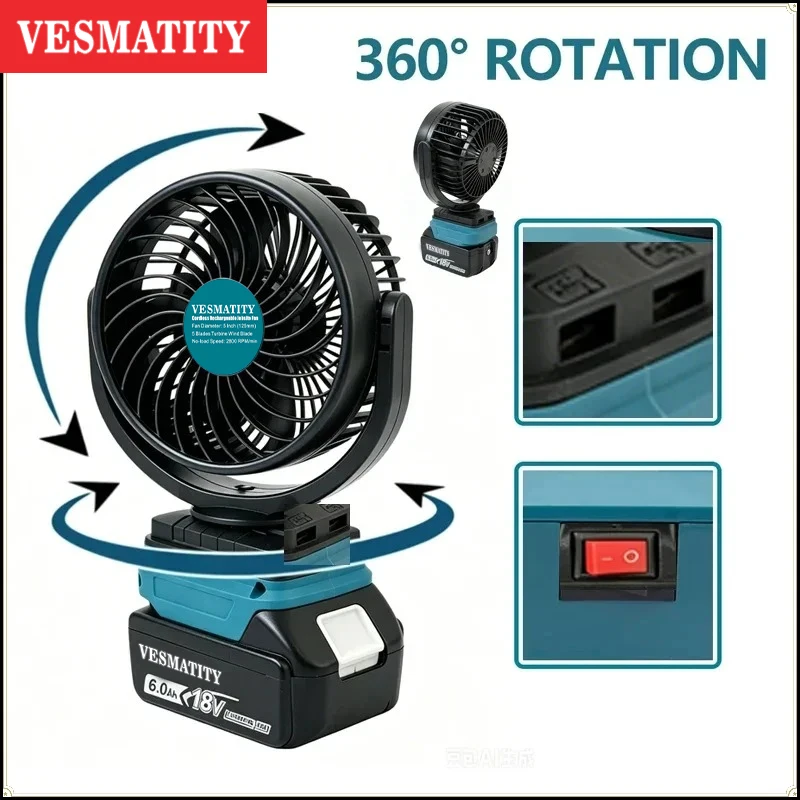 Cordless 5 Inch 18V Portable Fan Speed Wind Adjustment Desktop Table Fan for Outdoor Camping Home Office Use USB Type C
