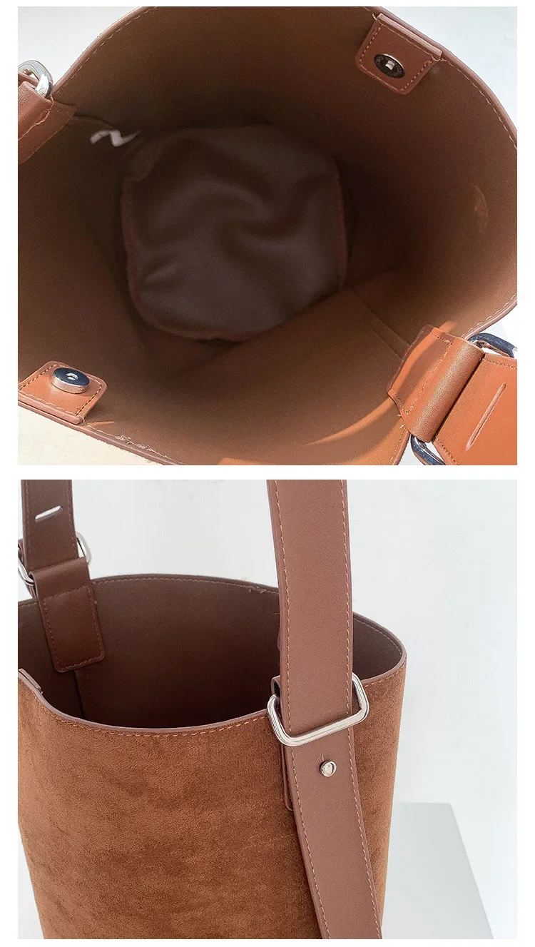 Fashion Wide Strap Crossbody bags for women handbag big capacity Luxury Designer Faux suede female Bucket Shoulder Bag brown