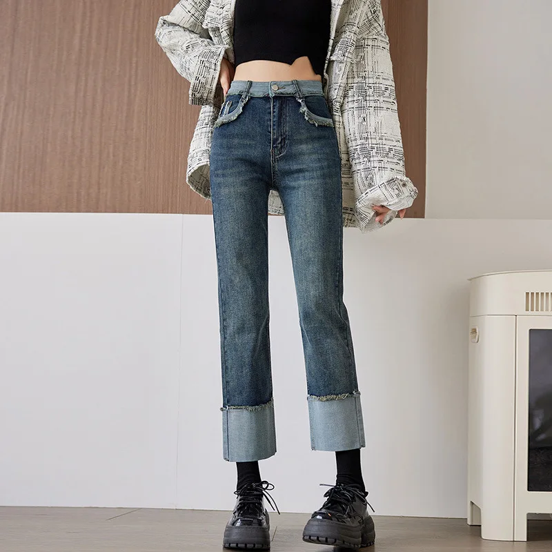 Rolled Edge Jeans Women's 2023 Autumn Winter New High Waist Elastic Retro Fluff Straight Leg Cargo Pants Women Mom Jeans Clothes