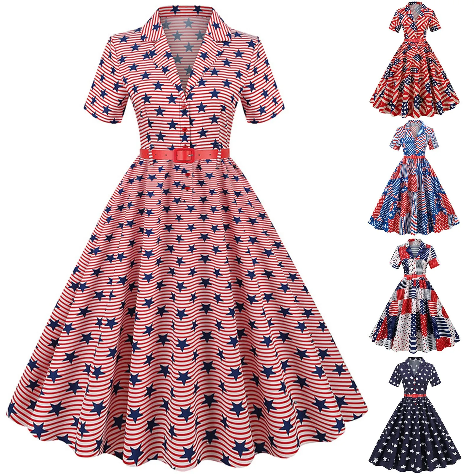 

Fashion Summer Short Vintage Casual Women's Dress Print Patchwork Elegant Turn Down Collar Retro 1950s Prom Dresses With Belt