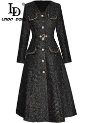 LD LINDA DELLA Autumn Winter Women's Coat V-Neck Long Sleeved Single-breasted Lace-Up Fashion Runway Black Overcoat