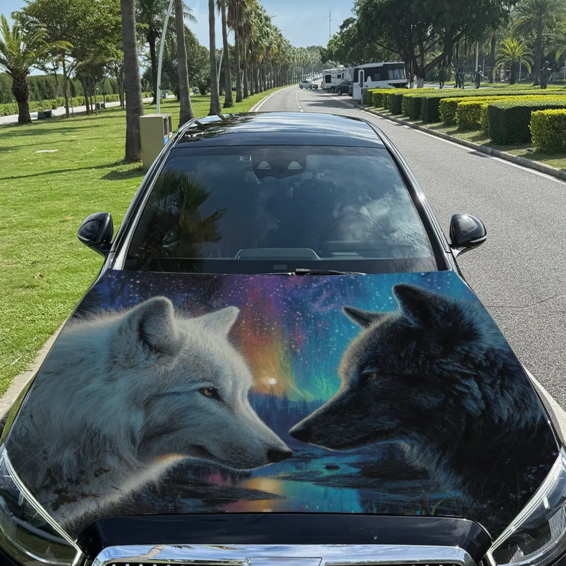 Paire de décalcomanies de voiture de loups avec une affascinante, irisée et enchanteur-autocollant de capot de voiture de fond de ambiance, auto-annonce imperméable