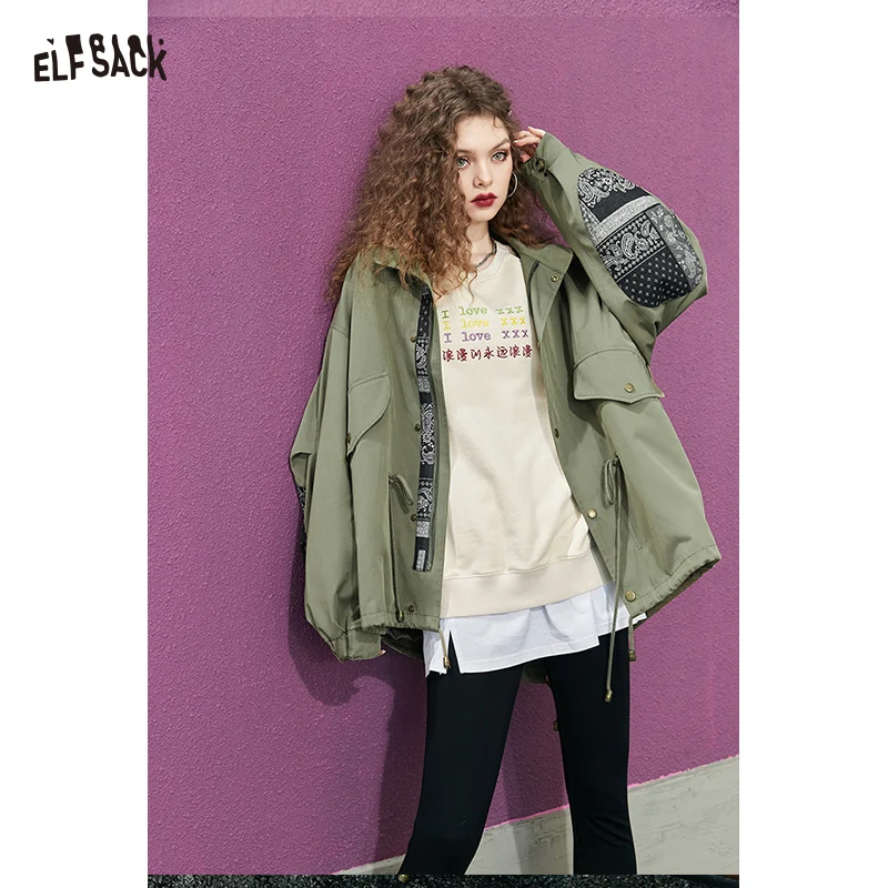 ELFSACK Y2K Casual Loose Paisley Patchwork Strap Short Jacket For Women