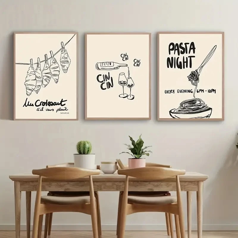 

3pcs/Set Minimalist Croissant Red Wine Pasta Canvas Poster Picture Wall Art Modern Kitchen Bar Living Room Home Decoration Print