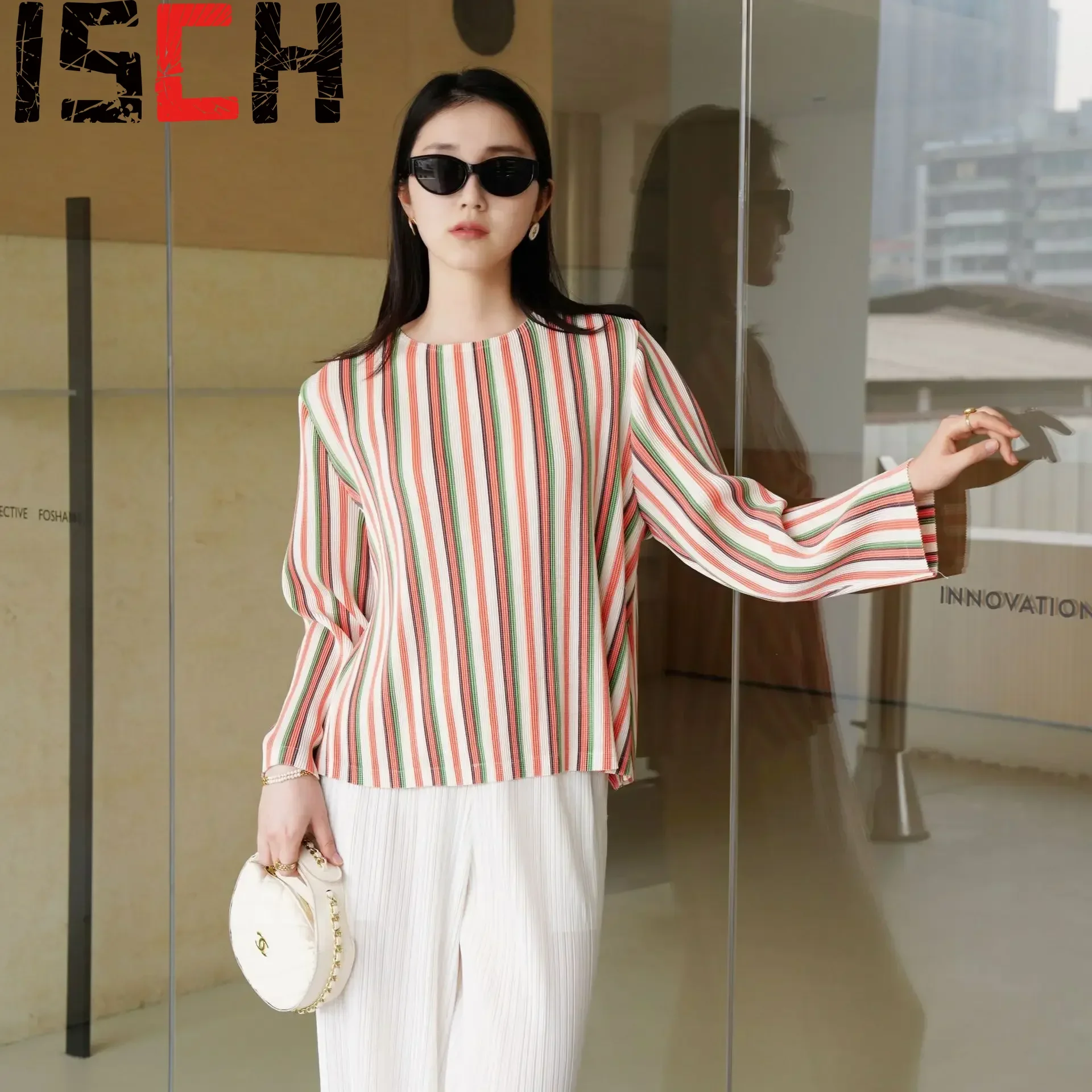 Pleats Pleated T-shirt 2025 Early Spring New Tops Striped Printed French Loose Casual Versatile T-shirt Slim Women Clothing