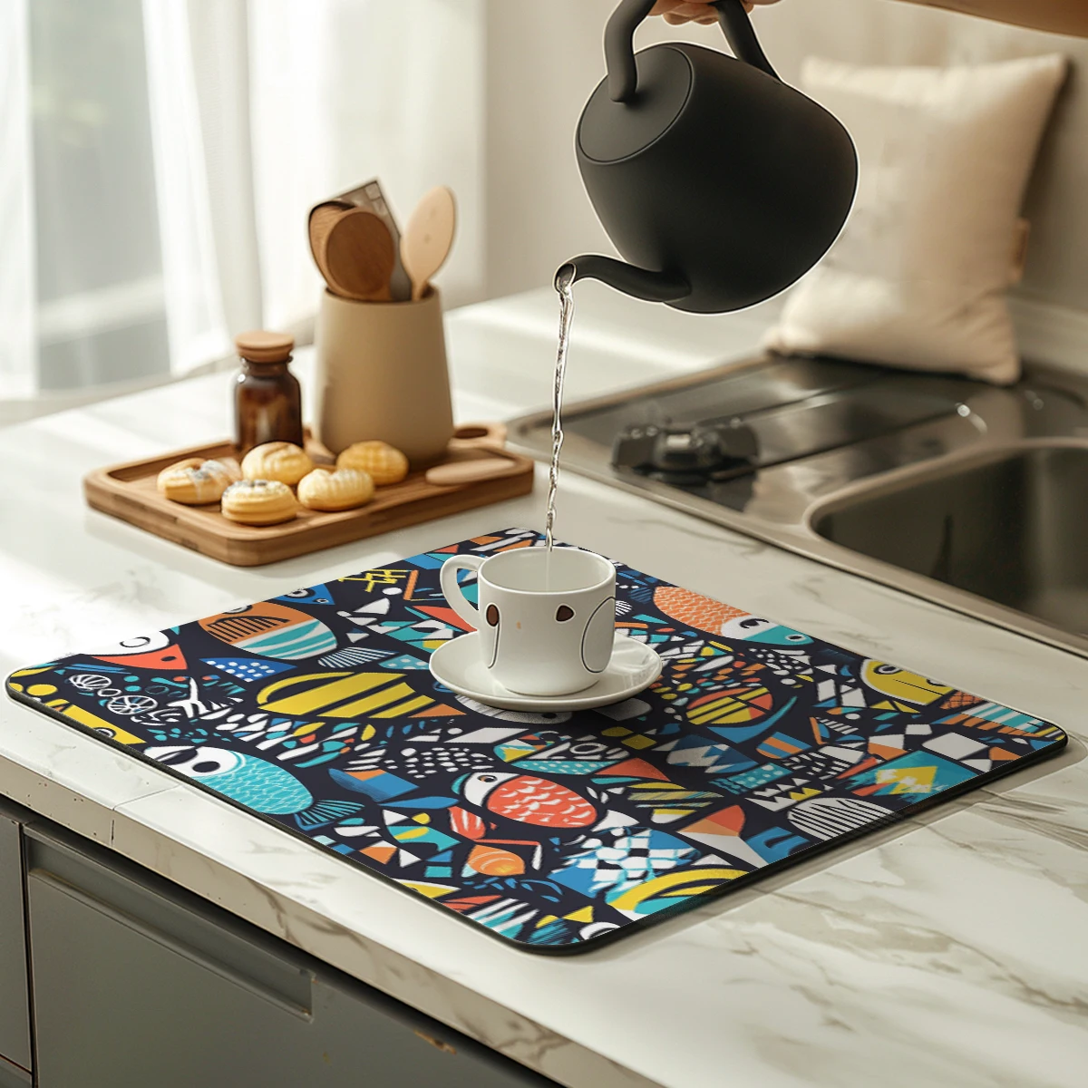 Absorbent Coffee Mat Dish Draining Mat Abstract Doodler Kitchen Drying Mat Quick Dry Bathroom Drain Pad Kitchen Faucet Placemat