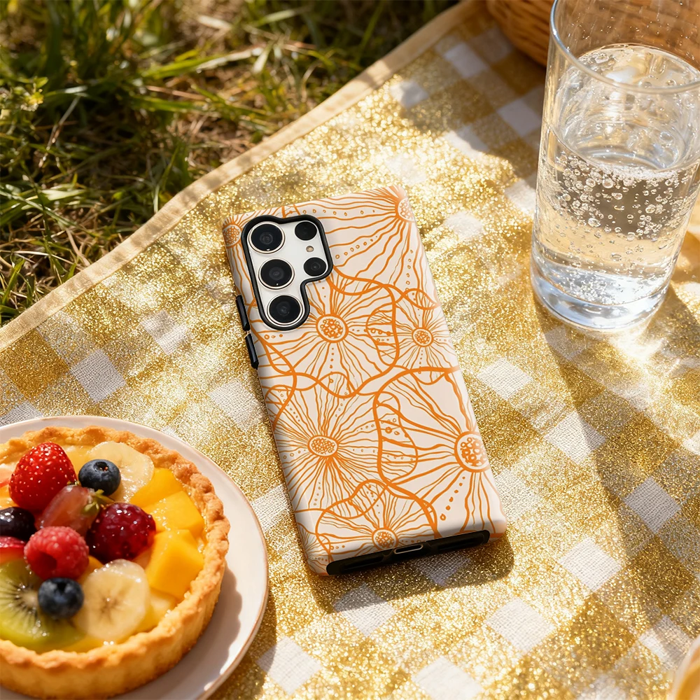 Custodia per telefono floreale arancione per Samsung Galaxy S25 Ultra S24 S23 Ultra Plus Cover posteriore lucida a doppio strato