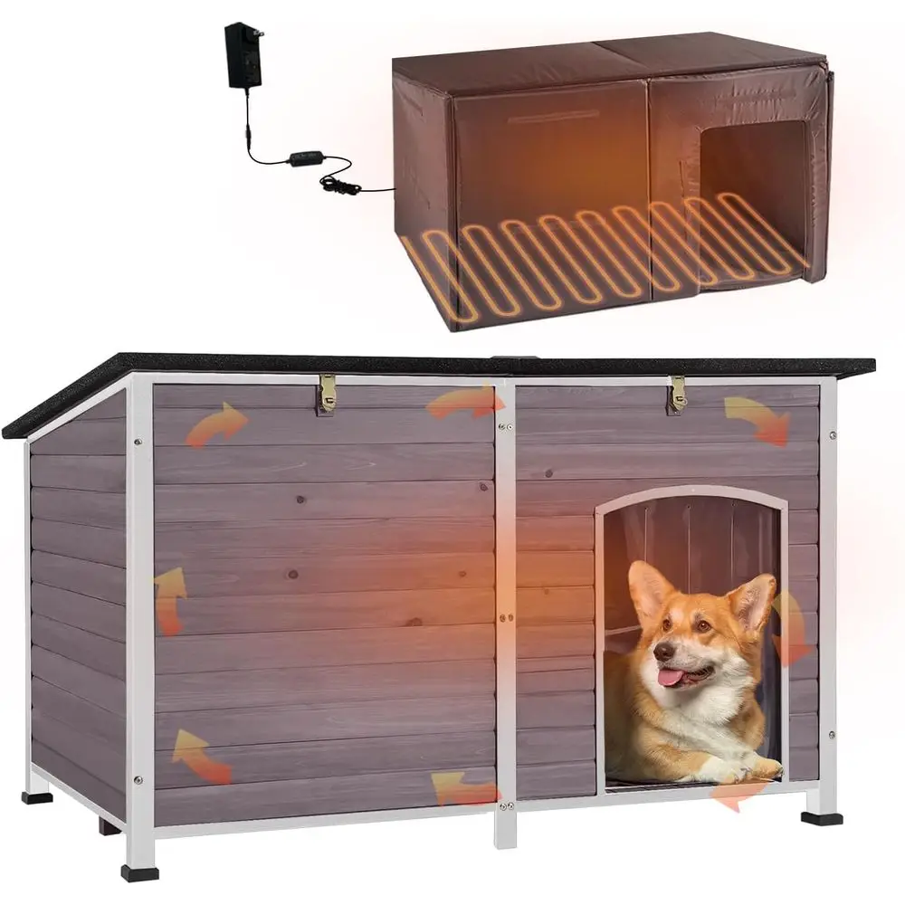 

Outdoor Heated Dog House Anti Chewing Iron e Insulated Dog Kennel with Heating Pad Weatherproo Shelter （Grey,XL）