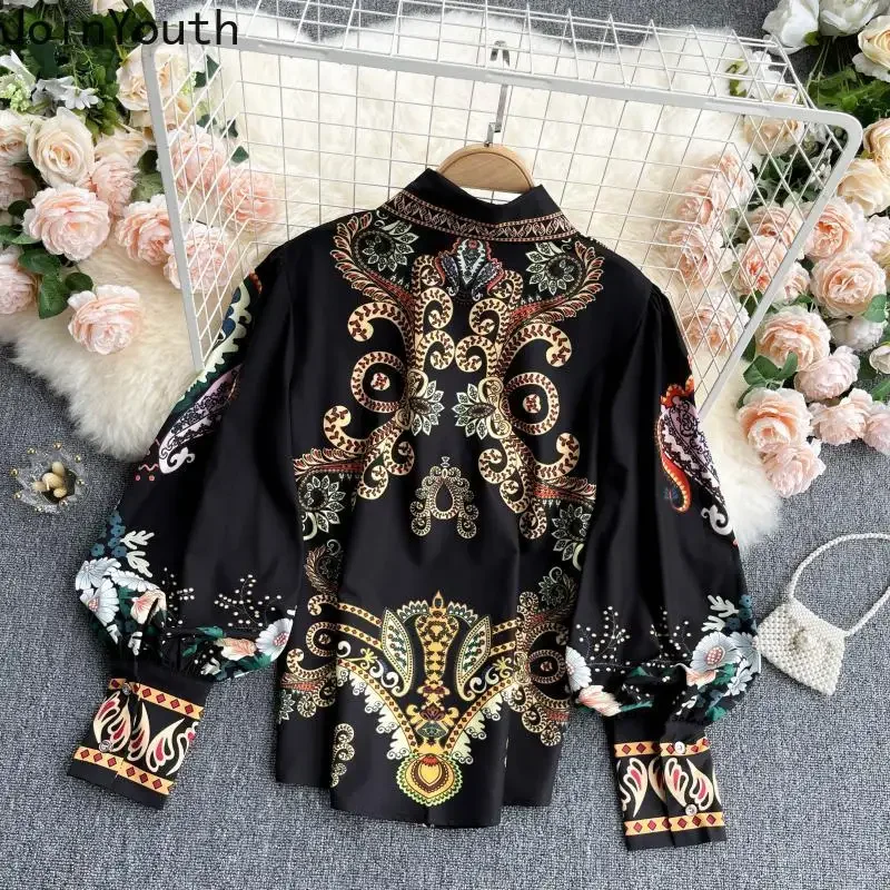 2024 Camisas De Mujer Floral Lantern Sleeve Blouse for Women\'s Turndown Collar Loose Shirts Loose Summer Vintage Blouses Tops