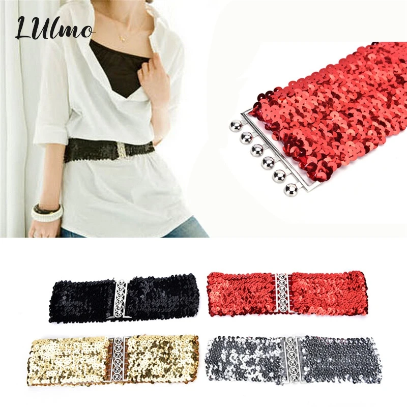 

Women Shinny Cummerbund High Fashion Metallic Sequin Women Dress Belts Gold/Black/ Free Ize Wide Stretch Belt