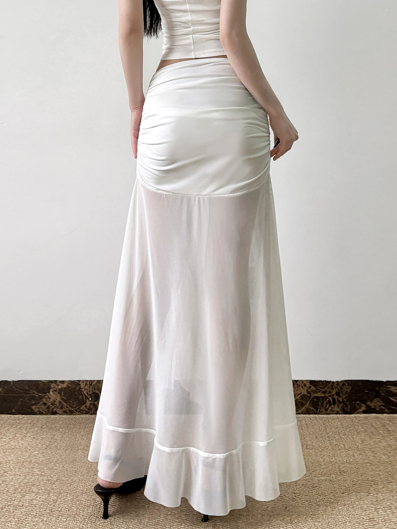 Rockmore Vacation Mesh See Through Long Skirts Sexy Summer Ruffle Split Pleated Wrap Skirt Elegant Fashion Women's Clothing 2025