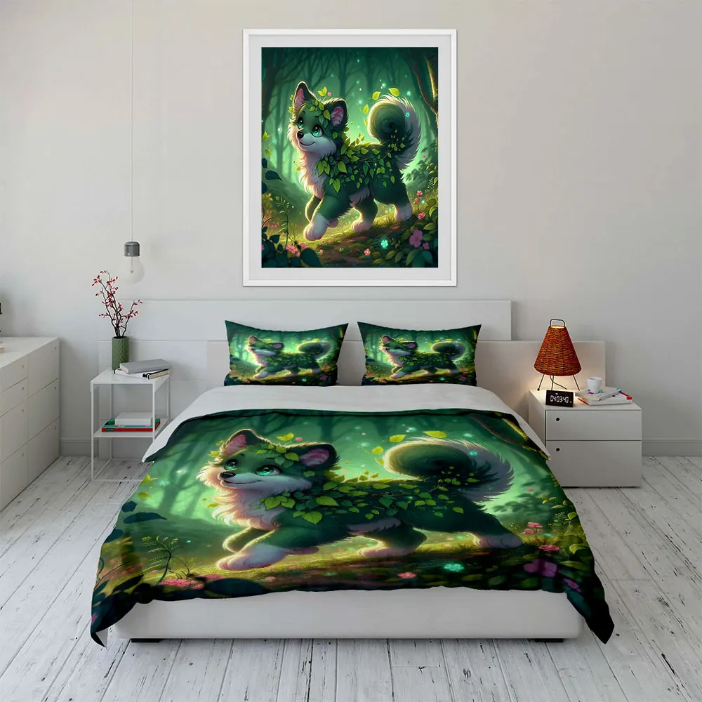 3pcs Green spirit dog strolling forest Duvet Cover Set with 3D Printing Design Soft Polyester Bedding Set All-Season Comfort