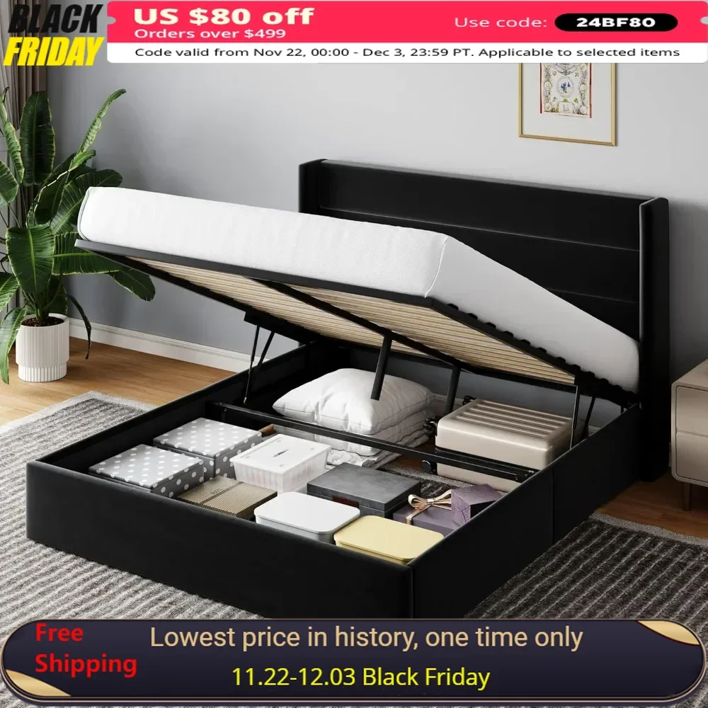 Queen Lift Up Storage Bed with Wingback Headboard，Velvet Upholstered Bed Frame Underneath Storage Wooden Slats Support，Bed Frame