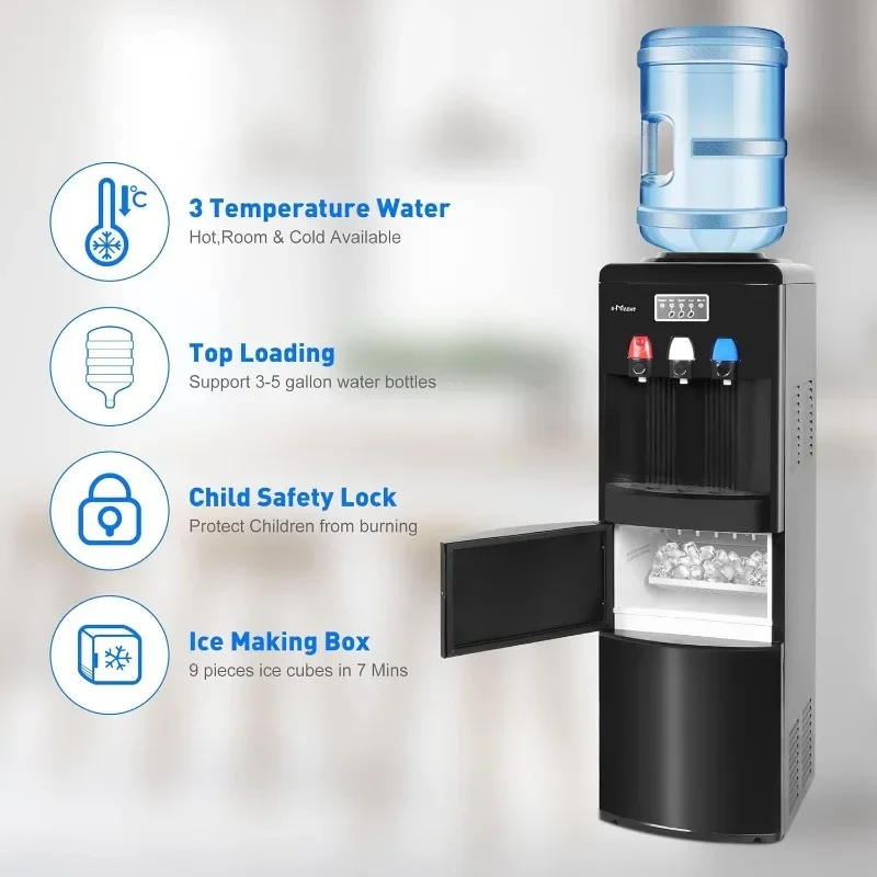 3 in 1 Water Dispenser with Built-in Ice Maker, Top Loading Water Cooler Dispenser for 3-5 Gallon Bottle with a Scoop