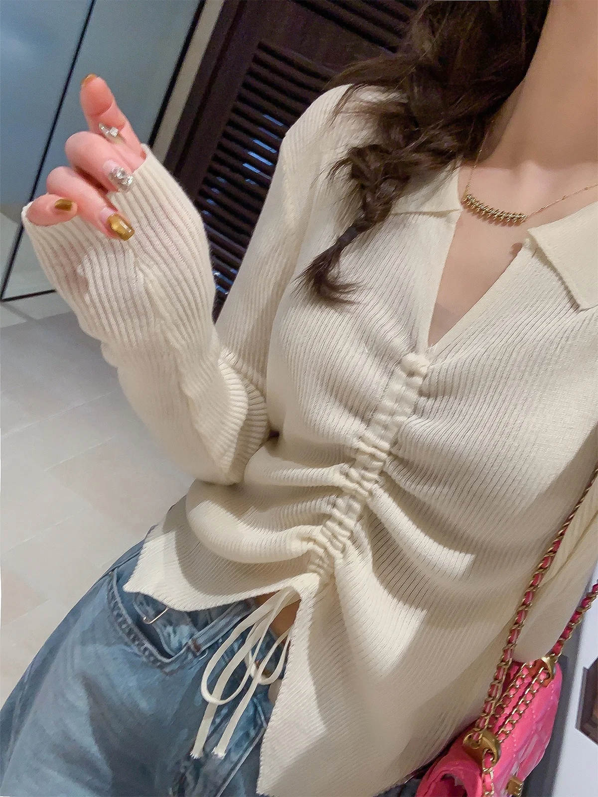 

Elegant Pure Color Knitted Long Sleeve Drawstring Top Women's Fashion Spring Commute Style Korean Version Love Devil Fish