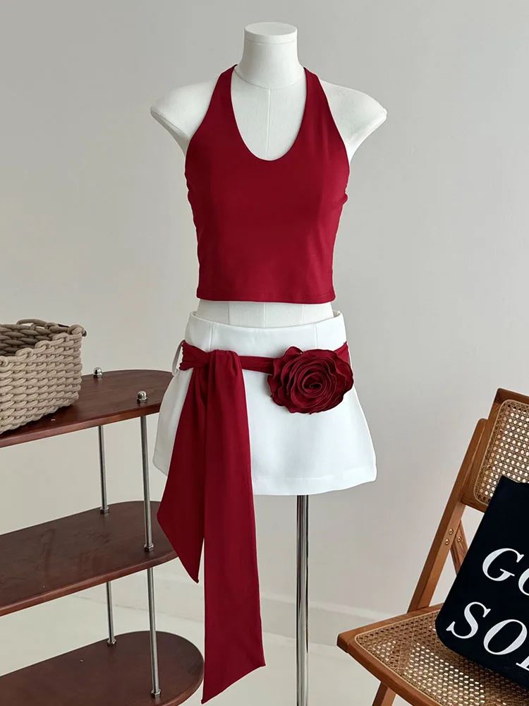 Sexy Sweet 2000s Aesthetic Outfits 2 Piece Skirt Set Chic Halter Top Sleeveless + Wrapped Hip A-Line Skirt Coquette High Street