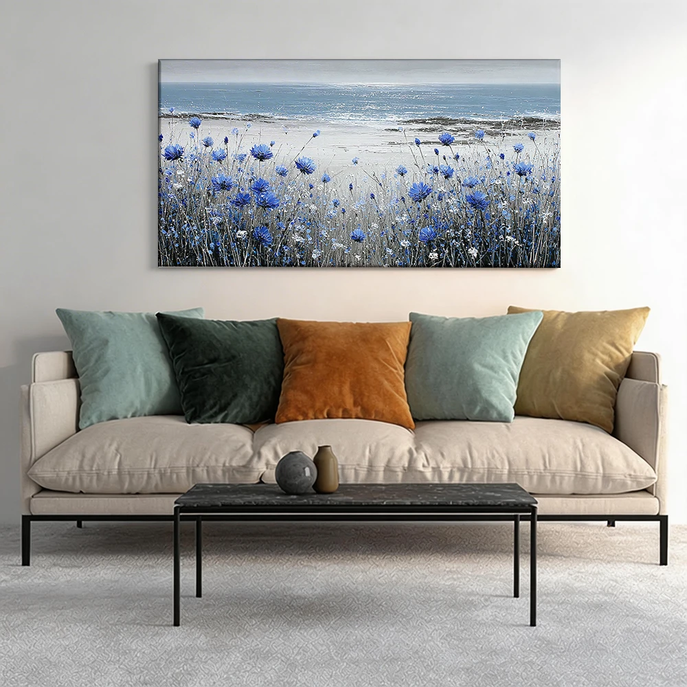 

Large-sized solid wood frame canvas painting 1pc Blue flowers, seashore, serene scene.
