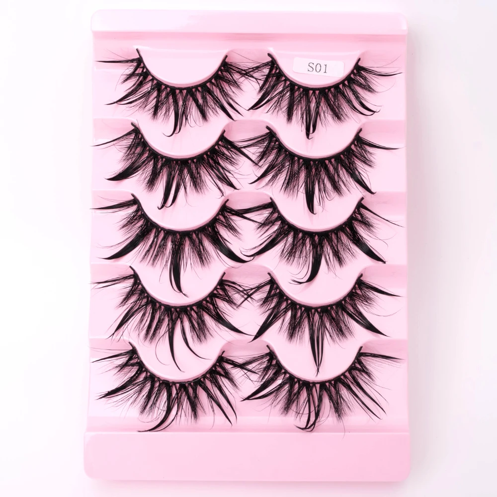 Neue 5/10 Paar Natürliche Wet False Eyelashes für den täglichen Gebrauch, scharfe, dicke, künstliche, gekreuzte Make-up-Wimpern – Detail 1