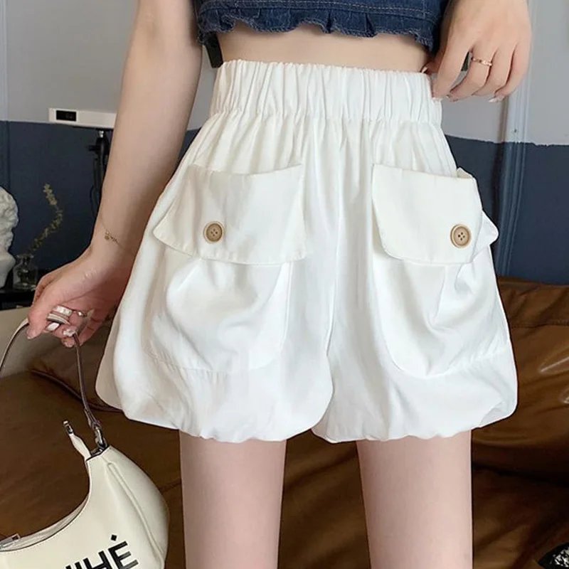 Women Clothing Korean Buttons Loose Shorts Summer Trend Pleate Oversized Femme Casual Pocket Solid Color Elastic Waist Bloomers