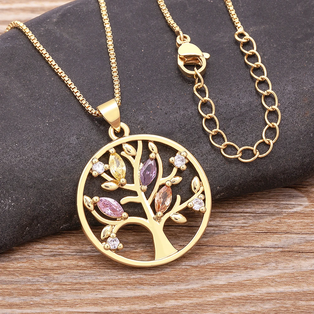 Nidin Trendy Custom Tree of Life Necklace for Women Gold Plated Round Pendant Zircon Jewelry Parents Christmas Gifts Wholesale