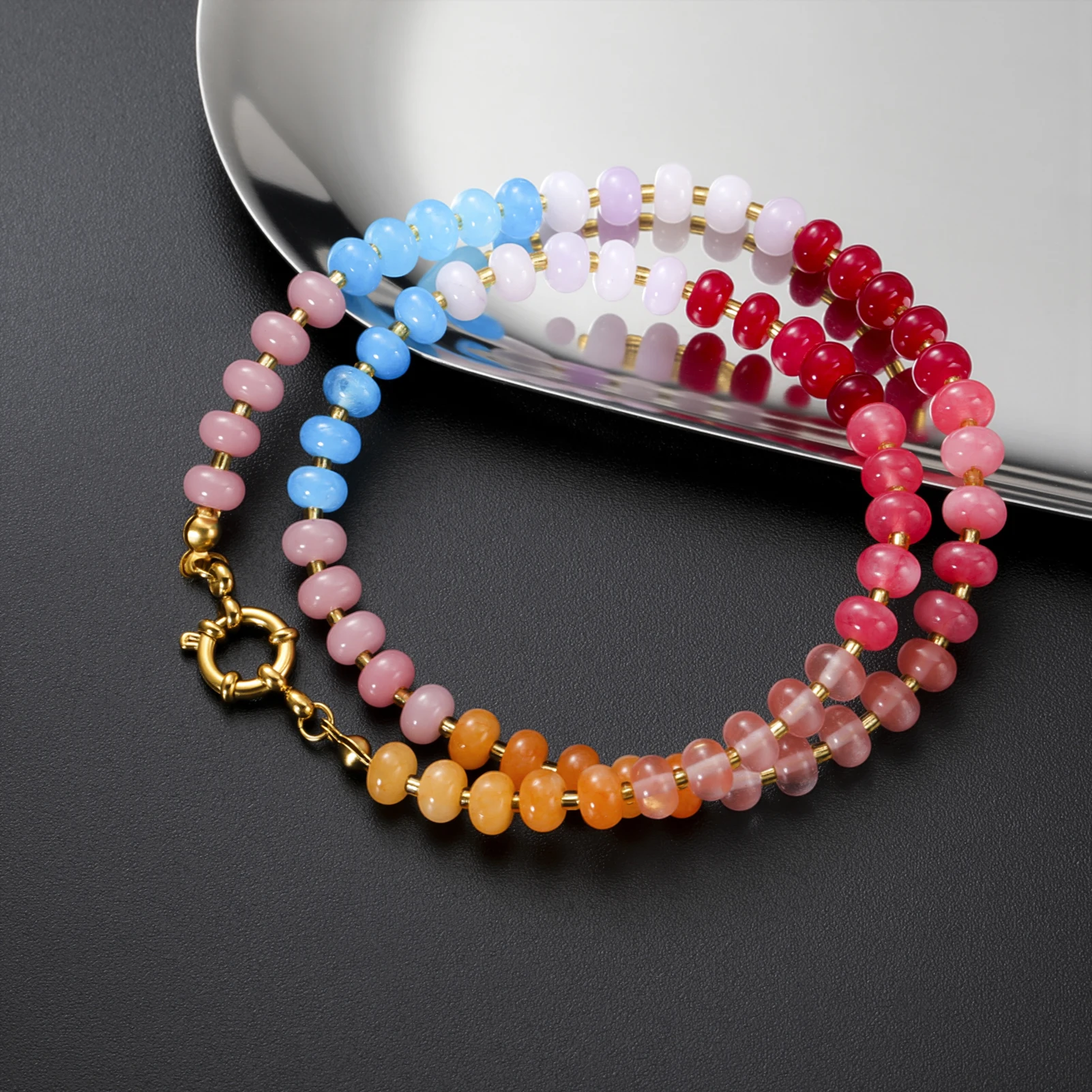 مجوهرات متدرجة من الحجر الطبيعي 2 في 1، سوار مطرز بألوان قوس قزح بطبقة واحدة هدية للنساء