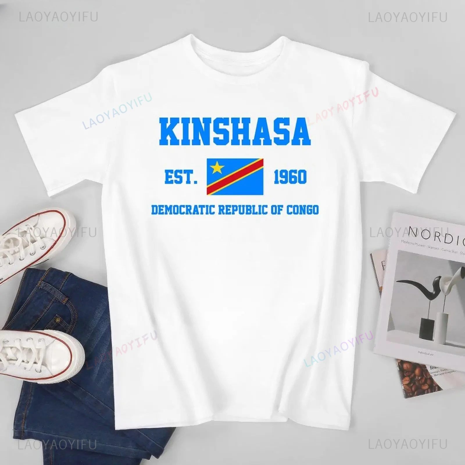 DR Congo Flag Patriotic T-Shirt EST.1960 Kinshasa Design Unisex Round Neck Cotton Tee