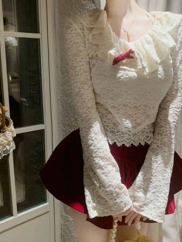 

New Sweet Fashion Elegant Autumn 2 Piece Set Women Design Lace Y2k Tops + Red Skirts Harajuku Chic Party Korean Popular Clothes