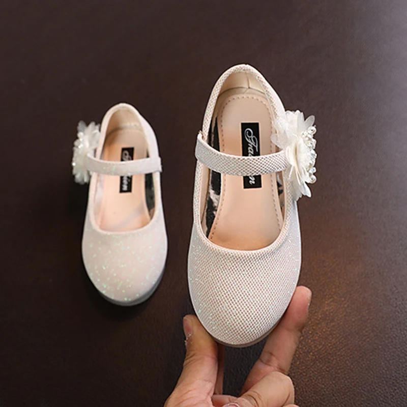 Baywell Children Leather Shoes Pearl Flower Design Bow Princess Girls Party Dance Shoe Baby Girl Flats Kids Performance Shoes