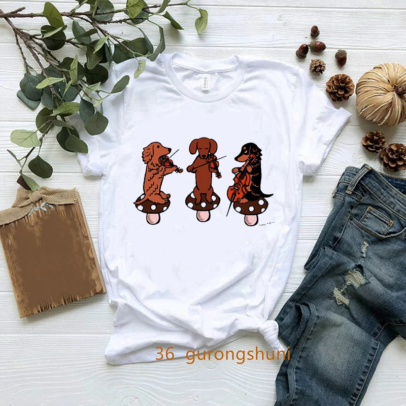 

Tee Shirt Femme Funny Dachshund Musicians Cute Dog Cartoon Print Women Tshirt Summer Fashion Camiseta Mujer T Shirt White Shirt