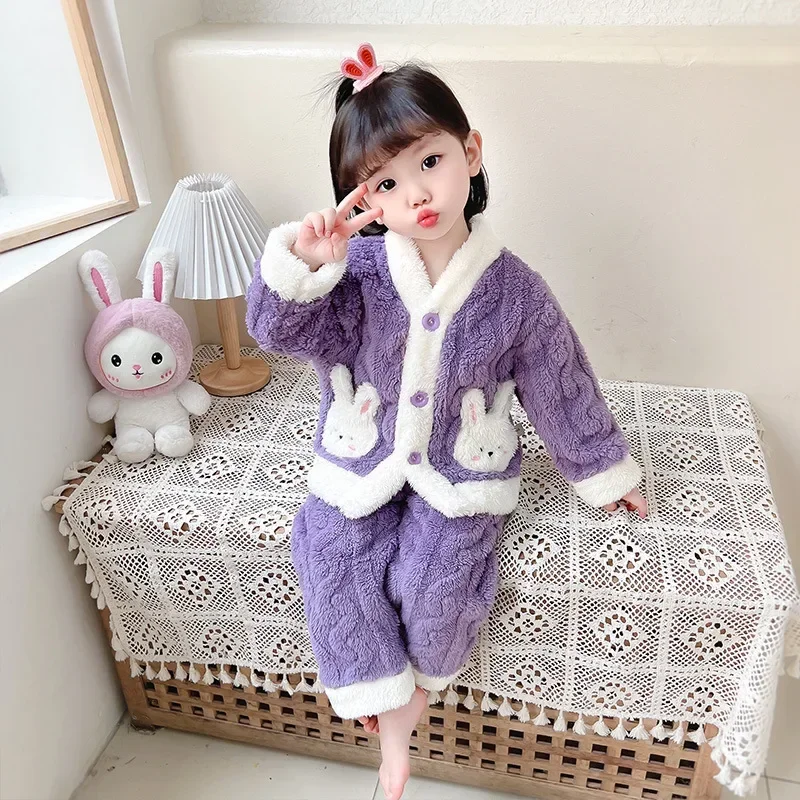 Children\'s Clothing Sets Bunny Pocket Flannel Pajama Set Coral Velvet Homewear Set for Children Boys Girls Clothes Sets