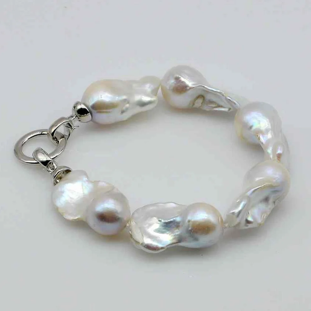 Ladies Large Baroque Bracelet Diameter 17-20mm Natural Freshwater White Pearl Irregular Shape Flame Ball Large Pearl Bracelet