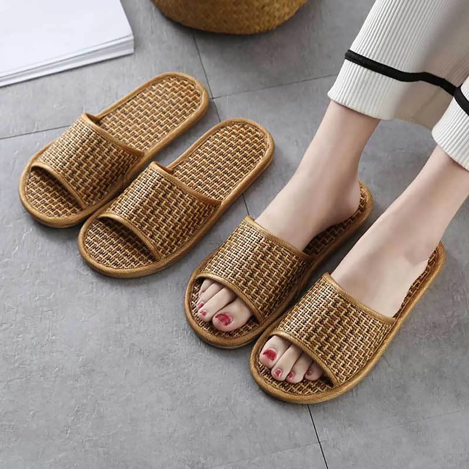 Rattan Linen Home Slippers for Women Men Summer Wisteria Woven Cooling Floor Indoor Slides Unisex Bedroom Shoes Mujer Zapatilla