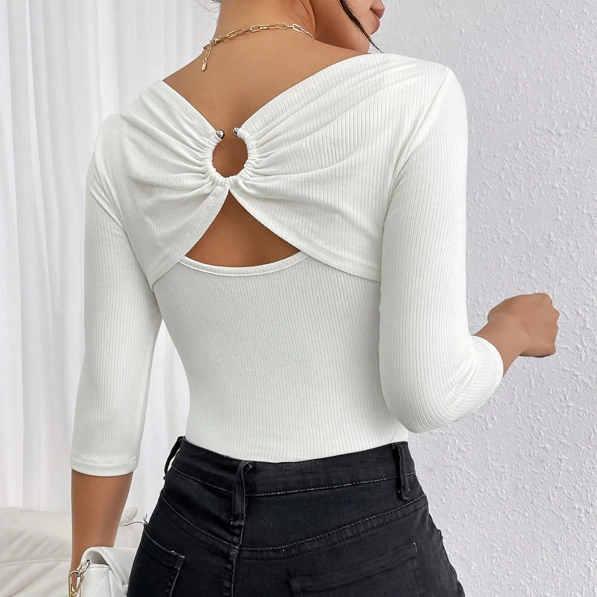 Ladies' casual solid-color spring and summer T-shirt with metal decoration and hollowed-out back five-quarter sleeves