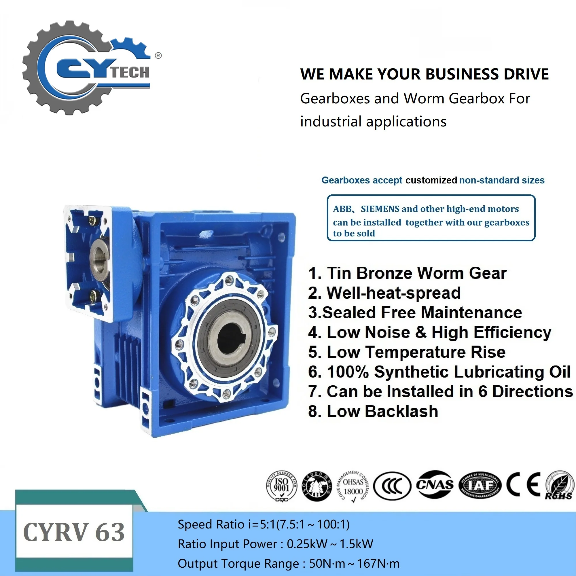 Worm Gearbox  NMRV063 Gear reducer CYRV063  Input 14/19/24mm FA 71B5/14 80B5/14 90B5/14 Output25mm Ratio 5-100 Tin Bronze
